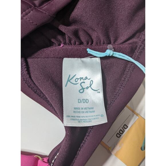 Kona Sol Bikini Top Colorblock Pink Burgundy Bandeau D/DD Swimsuit Beach Pool - Picture 9 of 11